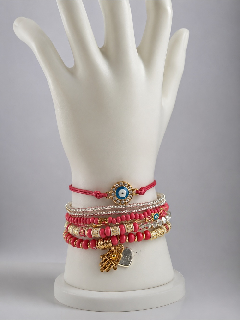 Gold Hamsa & Evil Eye Pink Beaded Bracelet Stack